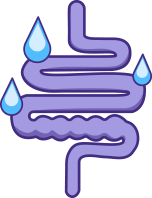 Fluid absorption icon:An icon of pipe-shaped intestines with a blockage and water droplets slipping past to represent fluid absorption.