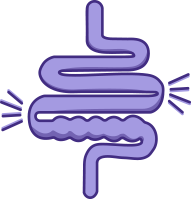 An icon of pipe-shaped intestines with a blockage appearing to contract due to muscle contractions.
