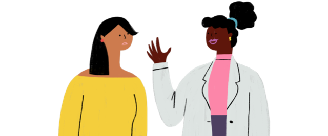 Illustration of a psoriasis patient and dermatologist talking about psoriasis