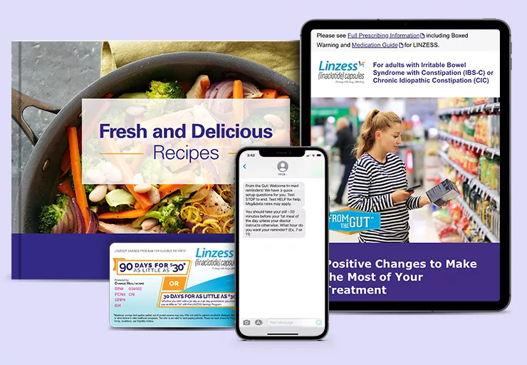 A recipe book, savings card, phone with SMS medication reminders, and a tablet open to LINZESS.com. 