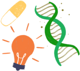 Illustration of DNA, a light bulb, and a pill
