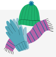 Illustration of winter gloves, hat, and scarf