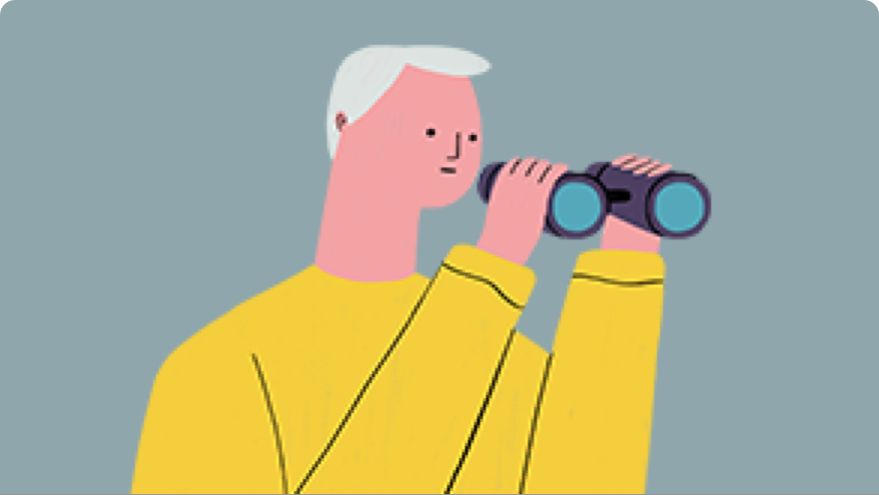 Illustration of person using binoculars to represent finding a dermatologist 