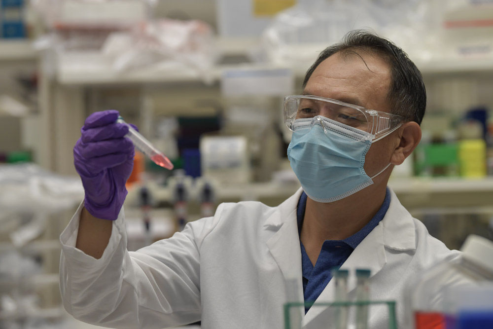 man looking at test tube