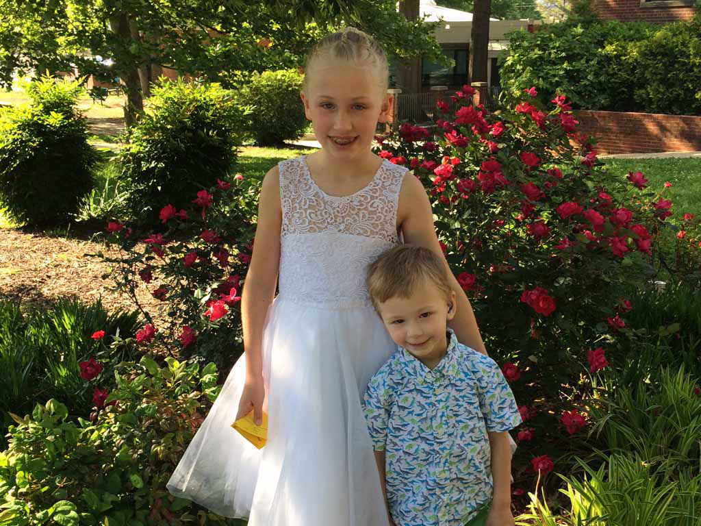Whitaker Weinburger, pictured with his sister Lakeland, 9, is now going to preschool and enjoying life as a regular kid.