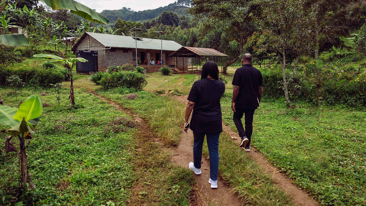 female and male walking disaster relief