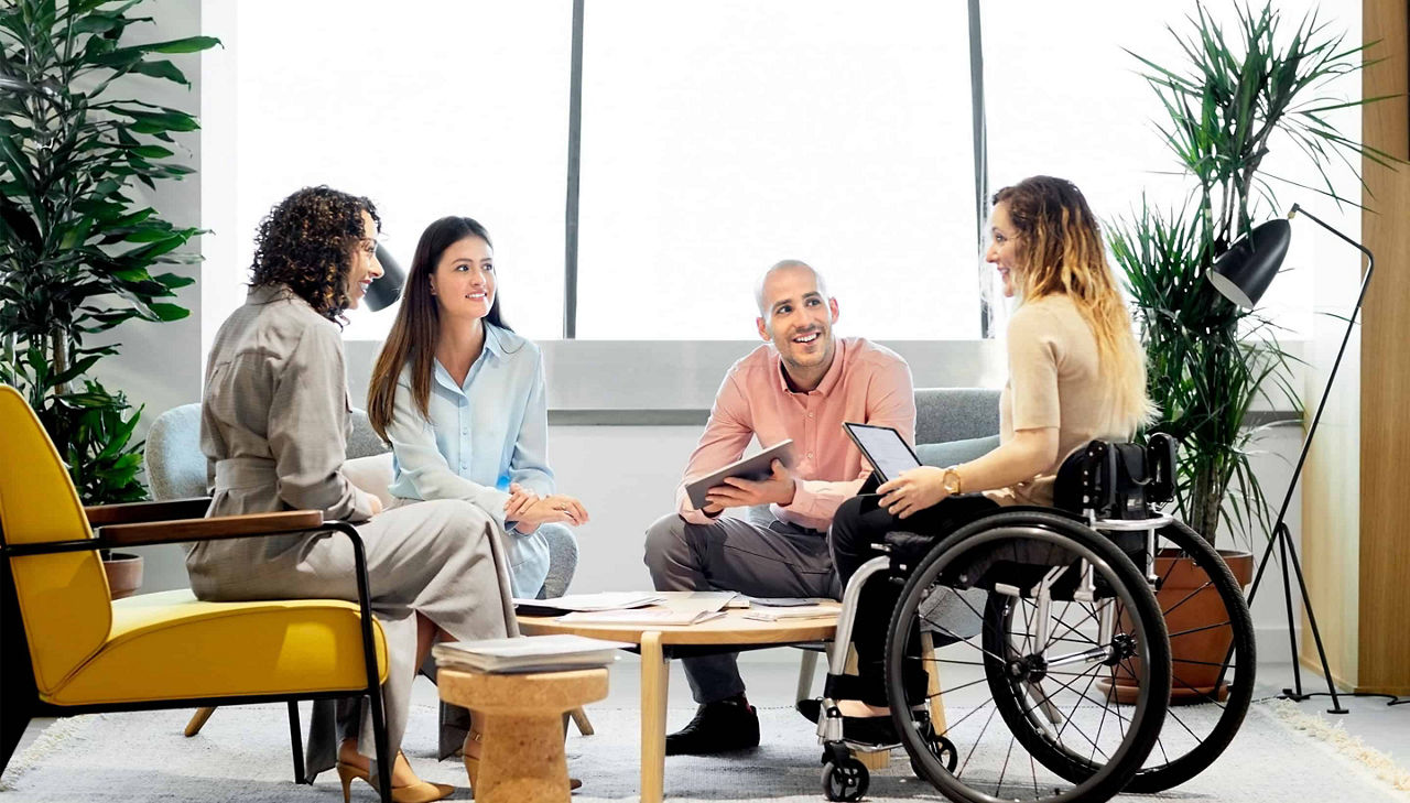 students talking office